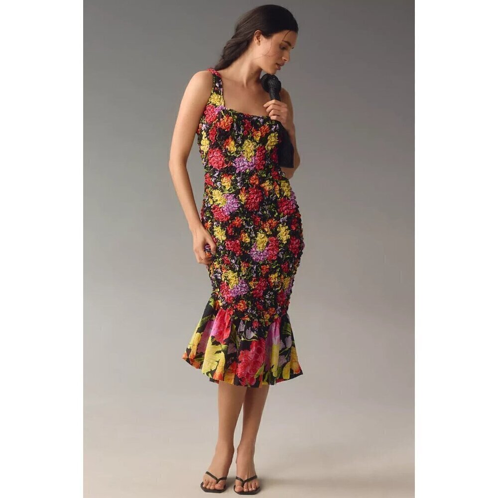 NWT Anthropologie Pebble-Smocked Dress S Midi Black Floral Yukiko Noritak